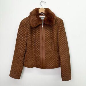 Marvin Richards Women’s Cognac Brown Woven Leather Removable Rabbit Fur Trim Col